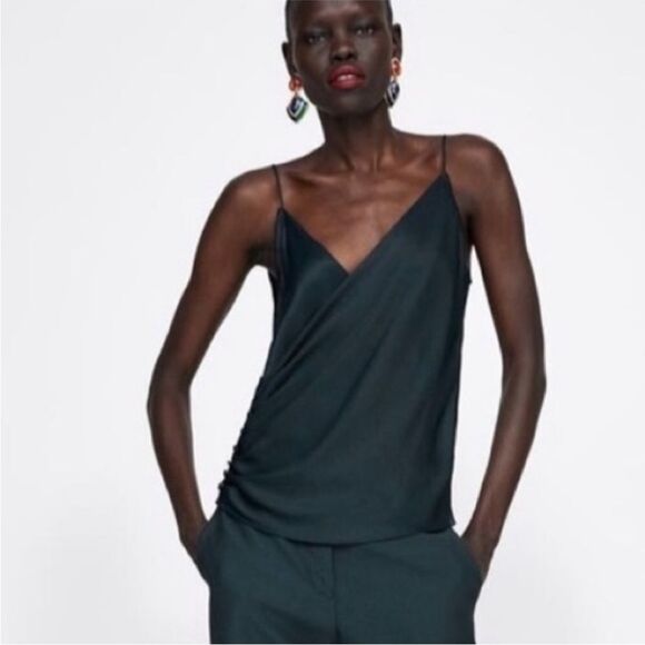 ZARA | NEW Forest Green Faux Wrap Button Side Sleeveless Top Women’s Size Large - Picture 1 of 11